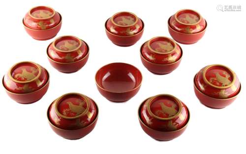 Property of a gentleman - a set of ten Japanese lacquer bowls & covers, early 20th century, the cove