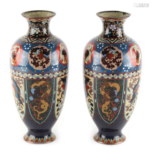 A pair of Japanese cloisonne vases, circa 1900, decorated with phoenixes & dragons in panels, each