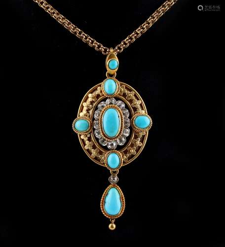 An unmarked Victorian yellow gold turquoise & diamond pendant on chain necklace, the estimated total