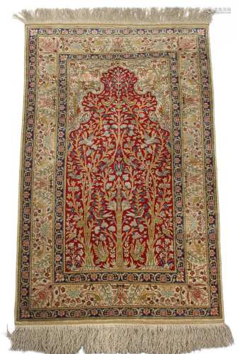Property of a gentleman - a Persian part silk 'Tree of Life' prayer rug, 56 by 36ins. (142 by