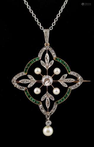 An attractive Belle Epoque emerald diamond & pearl openwork brooch or pendant on chain necklace, the