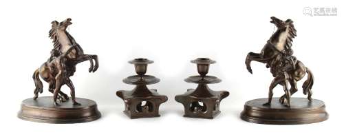 Property of a gentleman - a pair of Japanese bronze candlesticks, 4.95ins. (12.5cms.) high; together