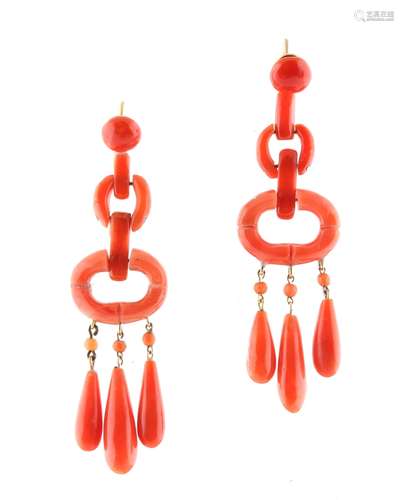 A pair of coral link drop earrings, probably en suite with the preceding lot, for pierced ears, each