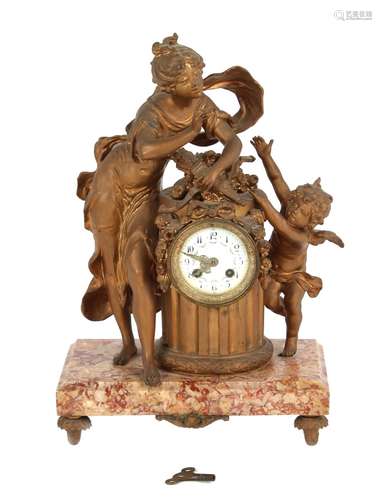 Property of a deceased estate - a late 19th century gilt metal & marble figural mantel clock, the