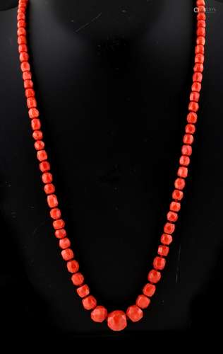 A Victorian faceted coral bead necklace, with eighty-seven individually strung graduated beads,