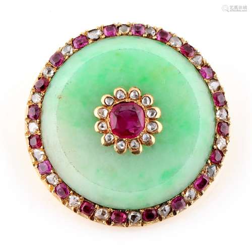 A Chinese jadeite ruby & diamond circular panel brooch, set with a central certificated untreated