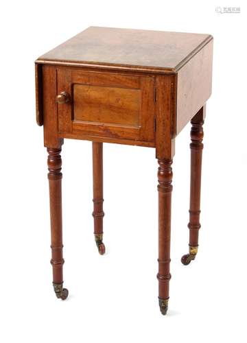 Property of a lady - an early Victorian mahogany drop-leaf pot cupboard, with turned legs & brass