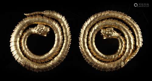 A rare pair of 19th century Chinese yellow gold (tests 20ct) snake bracelets, approximately 161.7