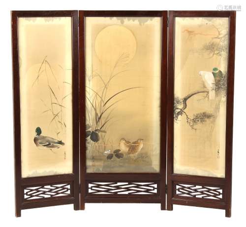 Property of a lady - an early 20th century Japanese hardwood three panel screen with painted silk
