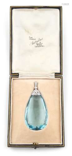 A very large & rare pear shaped cut aquamarine pendant, with diamond set collar & suspension loop,