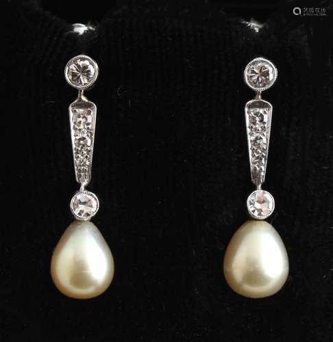 A pair of certificated natural saltwater pearl & diamond drop earrings, the two pearls of cream