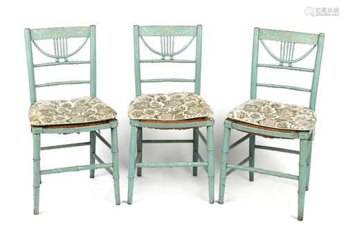 Property of a lady - a set of three 19th century pale blue painted rush seated side chairs (3) (