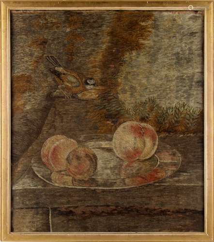 Property of a lady - a 19th century silkwork picture depicting a bird & three peaches on a tray,