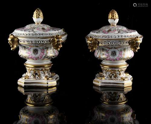 Property of a gentleman - a pair of Continental porcelain pot pourri vases & covers, in the Derby