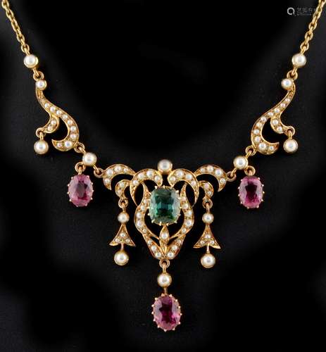 A Victorian 15ct yellow gold pink tourmaline green tourmaline & seed pearl necklace, 14.6ins. (