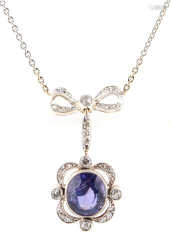 A Belle Epoque style amethyst & diamond pendant necklace, the oval cut amethyst weighing