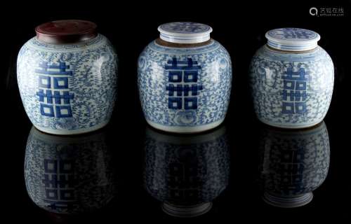 Property of a gentleman - a graduated set of three 19th century Chinese provincial blue & white
