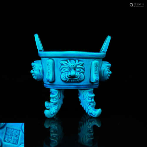 A Chinese Blue Glazed Porcelain Incense Burner
