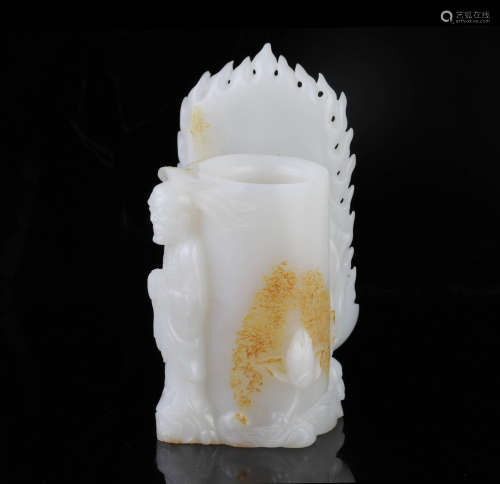 A Chinese Carved Jade Brush Pot with Figure of Buddha