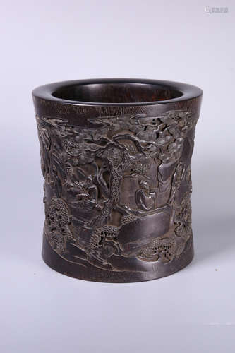 A Chinese Carved Zitan Brush Pot