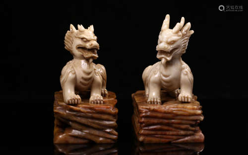 A Pair of Chinese Carved Shoushan Foo-Dogs