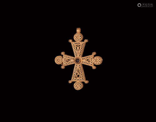 Post Medieval Gold Filigree Cross with Garnet