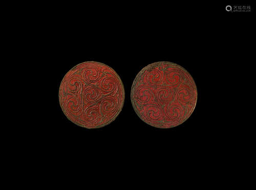 Anglo-Saxon Enamelled Hanging Bowl Mount Pair