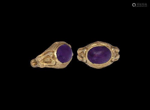 Medieval Gold Ring - Amethyst & Four Peacocks