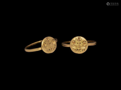Byzantine Gold Ring with Facing Busts of Saints