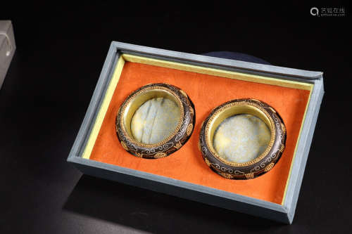PAIR CHENXIANG WOOD WITH GILT SILVER BANGLE