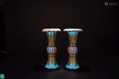 PAIR BLUE GLAZE FLOWER PATTERN GU VASE