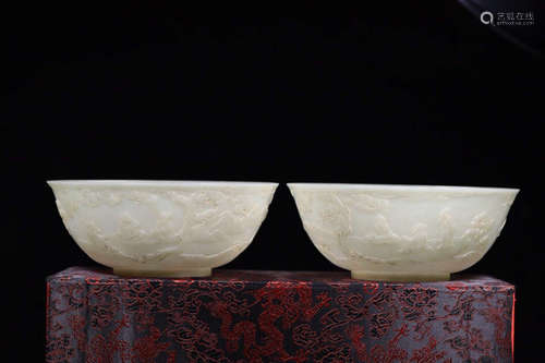 PAIR HETIAN JADE CARVED STORY PATTERN BOWLS