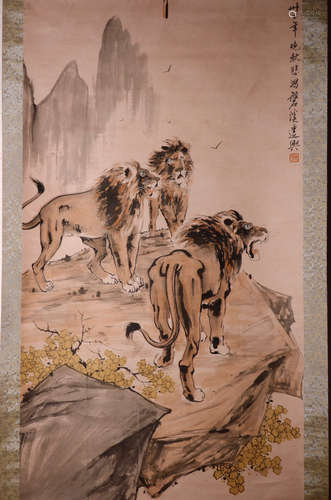 A LION PATTERN VERTICAL AXIS PAINTING