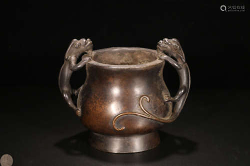 A BRONZE CASTED DOUBLE DRAGON EAR CENSER