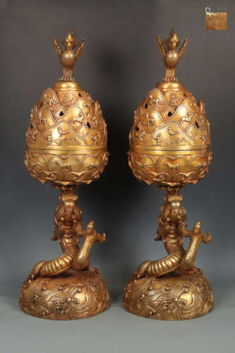 PAIR GILT BRONZE CASTED PHOENIX BOSHAN CENSER