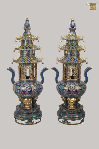 PAIR CLOISONNE CASTED TOWER SHAPED CENSER
