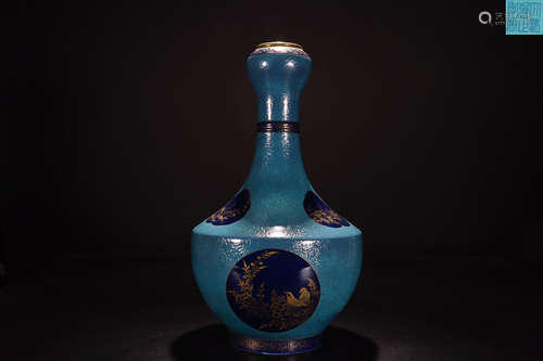 A YONGZHENG MARK BLUE GLAZE GOLD EDGE FLOWER AND BIRD PATTERN VASE