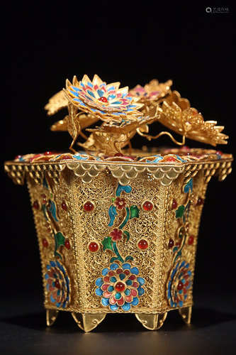 A FLORAL DESIGN GILT SILVER ENAMEL BONSAI