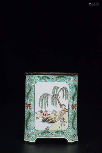 17-19TH CENTURY, A FLORAL AND BIRD PATTERN ENAMEL BRUSH POT, QING DYNASTY