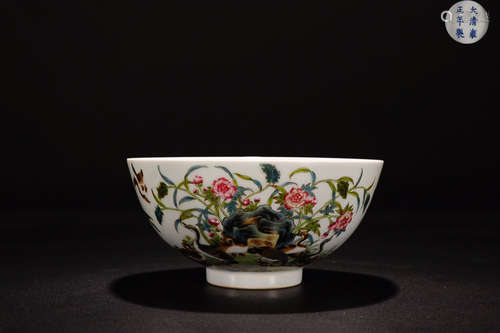 A YONGZHENG MARK FAMILLE ROSE FLOWER BIRD PAINTED BOWL