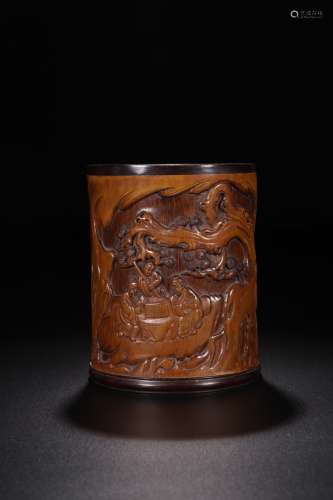 A QIANLONG MARK LANDSCAPE AND CALLIGRAPHY CARVED BAMBOO PEN HOLDER