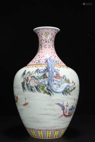 17-19TH CENTURY, A STORY DESIGN DOUBLE-EAR ENAMEL VASE, QING DYNASTY