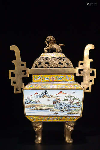 17-19TH CENTURY, A STORY DESIGN GILT BRONZE ENAMEL FOUR FOOT FURNACE, QING DYNASTY