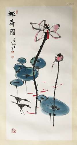 CHINESE SCROLL PAINTING OF BIRD AND LOTUS