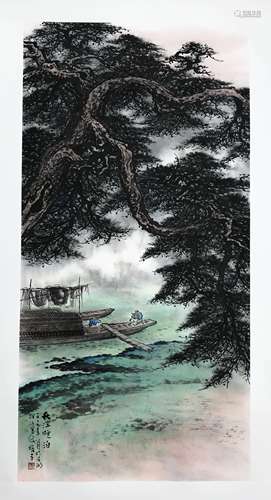 CHINESE SCROLL PAINTING OF TREE BY RIVER