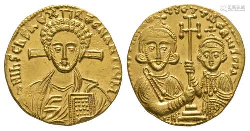 Justinian II with Tiberius - Gold Christ Solidus