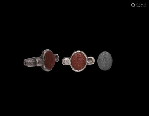 Roman Seated Figural Gemstone in Silver Ring