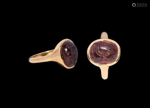 Western Asiatic Sassanian Gemstone with Bird in Gold Ring