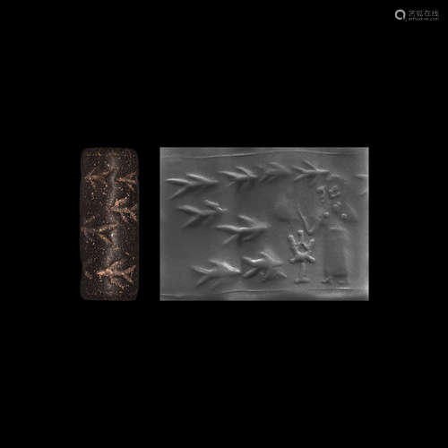 Western Asiatic Late Uruk-Jemdet Nasr Cylinder Seal with Fish Worshipping the Goddess Inana