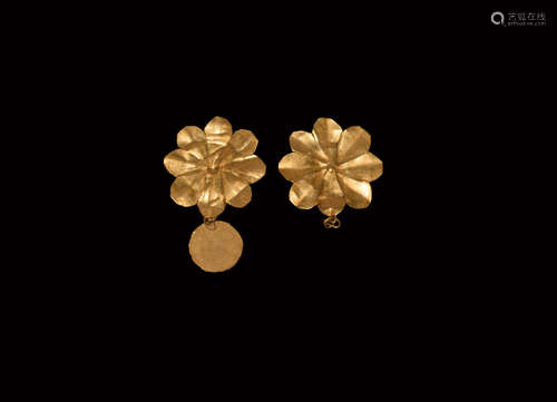 Greek Gold Flower Pendant Pair